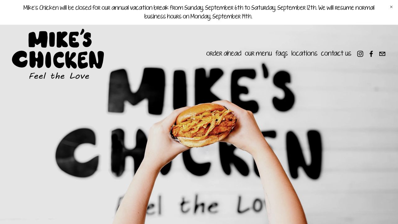官网首页截图 · 2026-09-13 Mike's Chicken 官网首页截图